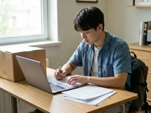 Incoming college student reviewing financial aid papers at a desk
