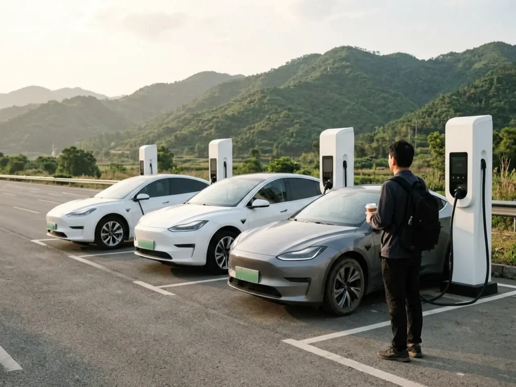 Electric car charging at a modern highway service area in China