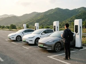 Electric car charging at a modern highway service area in China
