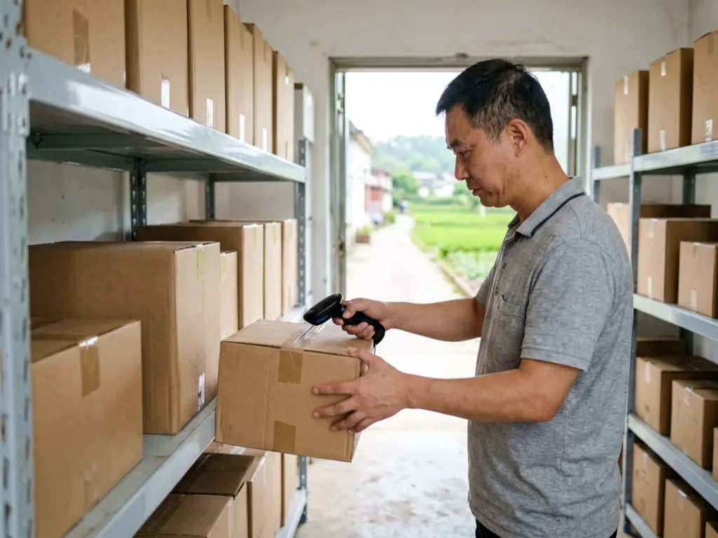 Worker organizing parcels inside a rural village delivery station in China