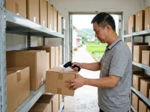 Worker organizing parcels inside a rural village delivery station in China