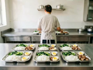 Nutritious hot lunch trays prepared in a bright rural Chinese school cafeteria