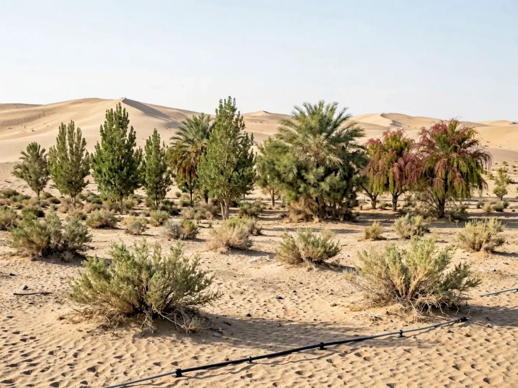 Young desert poplar and saxaul forming a green shelterbelt beside Taklimakan dunes
