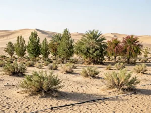 Young desert poplar and saxaul forming a green shelterbelt beside Taklimakan dunes