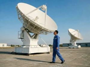 Satellite navigation control engineer monitoring an orbital systems display