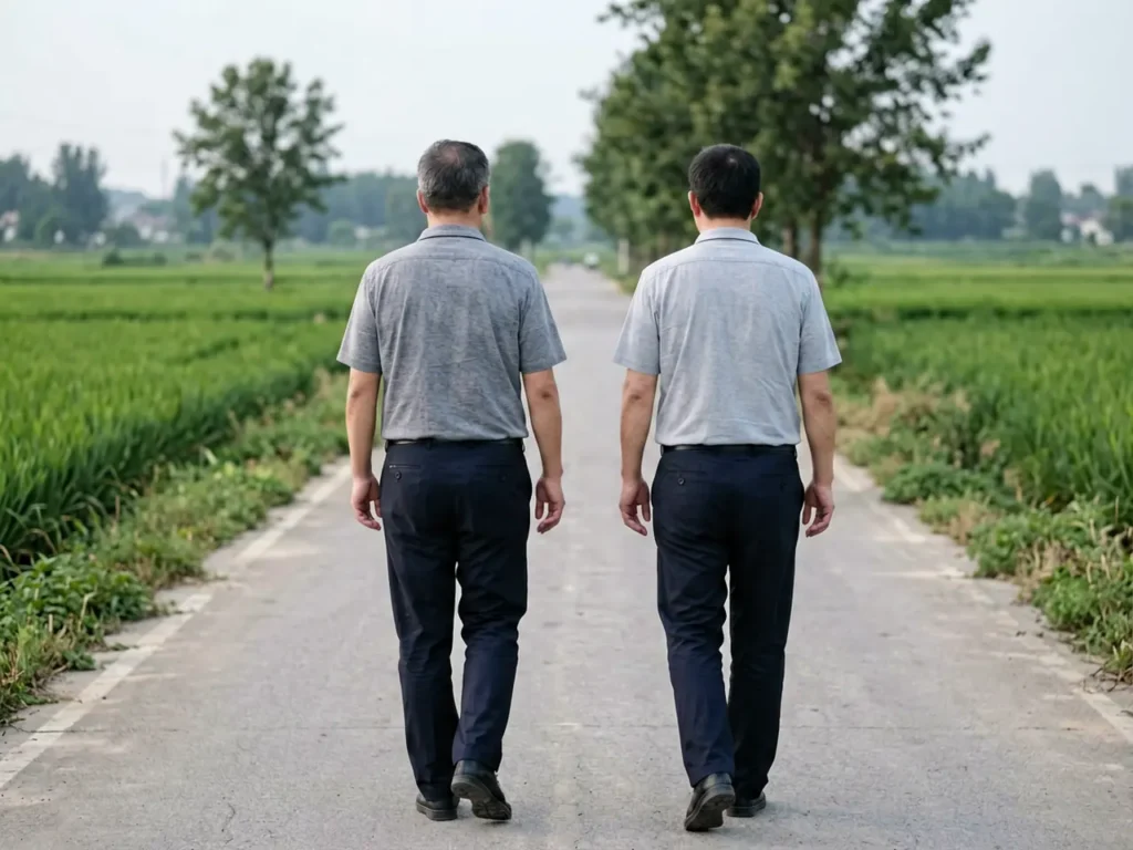 Two county residents walking along a rural path