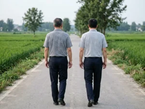 Two county residents walking along a rural path