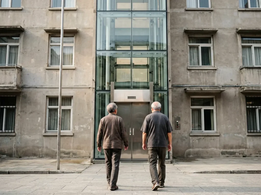 Two older residents approaching an outdoor elevator beside an apartment building
