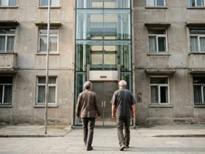 Two older residents approaching an outdoor elevator beside an apartment building