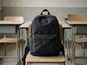 Empty college classroom with one unattended backpack on a chair