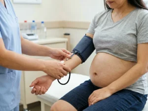 Clinician measuring a pregnant patient's blood pressure during a prenatal visit