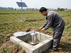 Technician inspecting an earthquake monitoring station in a rural landscape