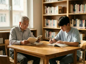 An older reader and a university student share a bright neighborhood reading room in Quzhou