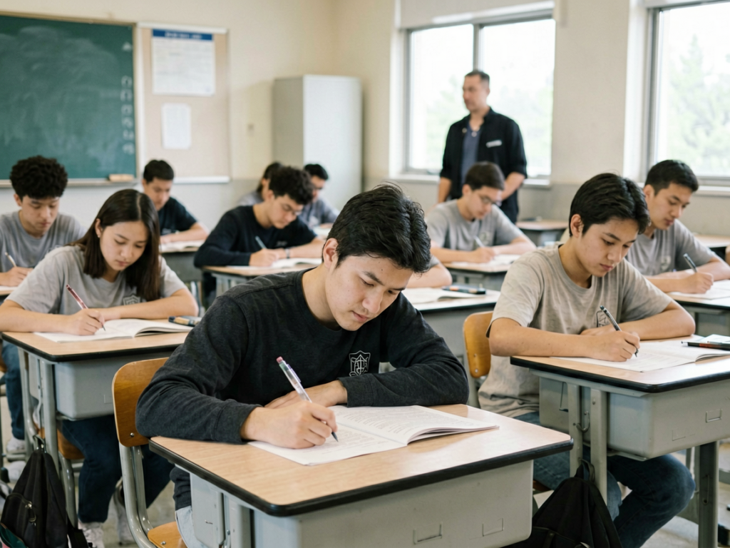 Texas high school students taking a standardized test with a proctor at the front of a bright classroom