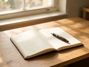 A desk with notebook and fountain pen for college essays