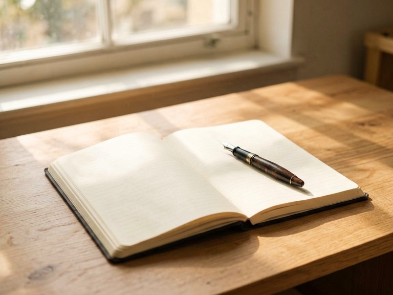 A desk with notebook and fountain pen for college essays
