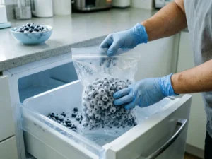 A food safety worker examines a plain bag of frozen blueberries beside an open freezer