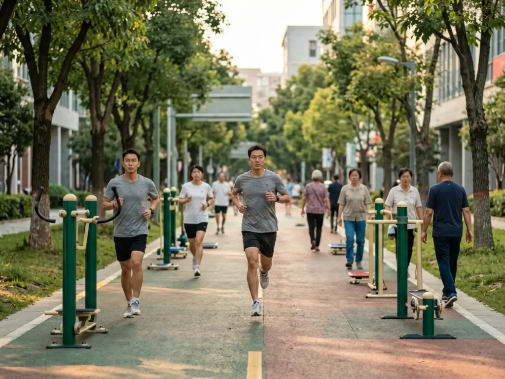 Adults exercising on a public fitness path in a Chinese neighborhood