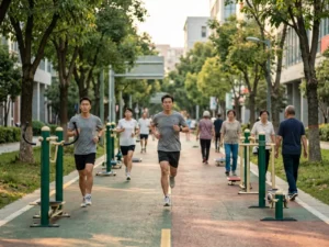 Adults exercising on a public fitness path in a Chinese neighborhood