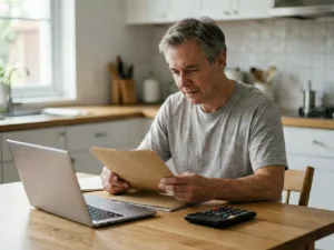 Adult borrower reviewing federal loan records at a kitchen table