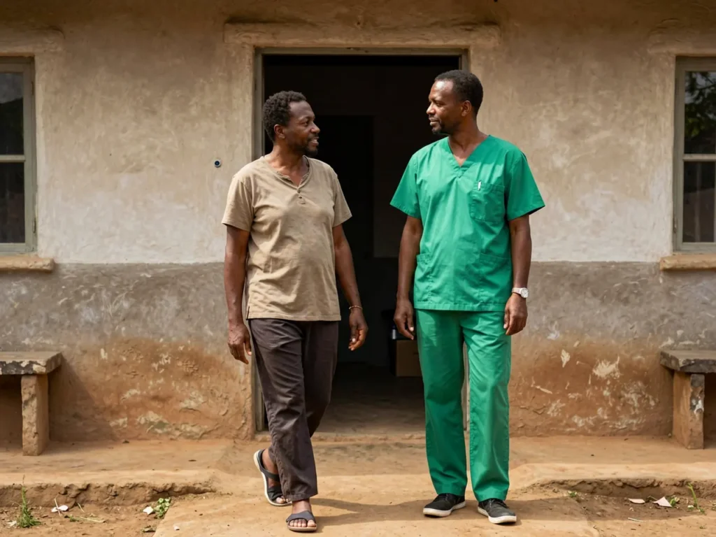 Clinician walking beside an adult patient outside a rural health clinic in eastern Africa