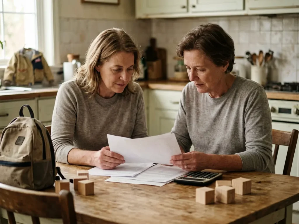 Mother reviewing childcare expenses at a kitchen table while a young child plays nearby