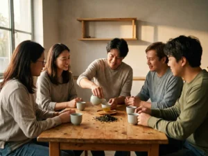 Adult students practicing tea preparation together in a warmly lit evening classroom
