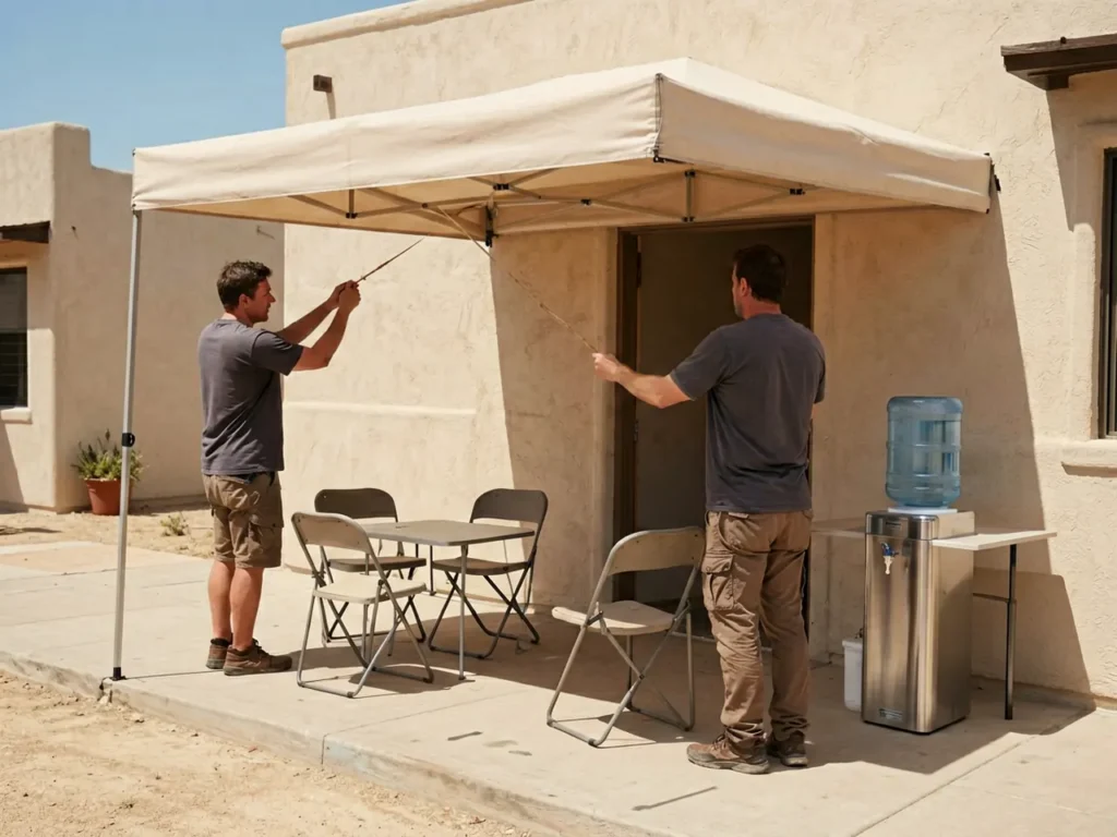 Outreach workers prepare water and shade supplies beside a Tucson cooling site