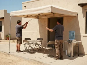 Outreach workers prepare water and shade supplies beside a Tucson cooling site