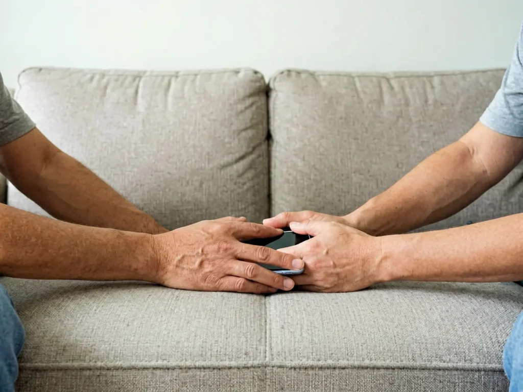 Family hands resting over a phone on a plain sofa