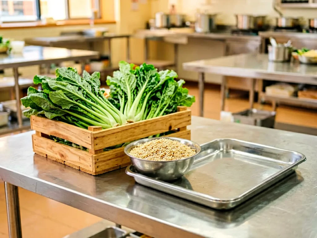 Fresh school lunch ingredients arranged on a cafeteria preparation table