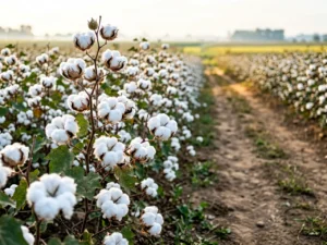 Cotton plants beside a rural field path in natural morning light