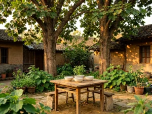 Older cottonwood trees beside a simple village kitchen garden