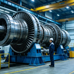 A large heavy-duty gas turbine in a modern manufacturing facility with an engineer inspecting the equipment
