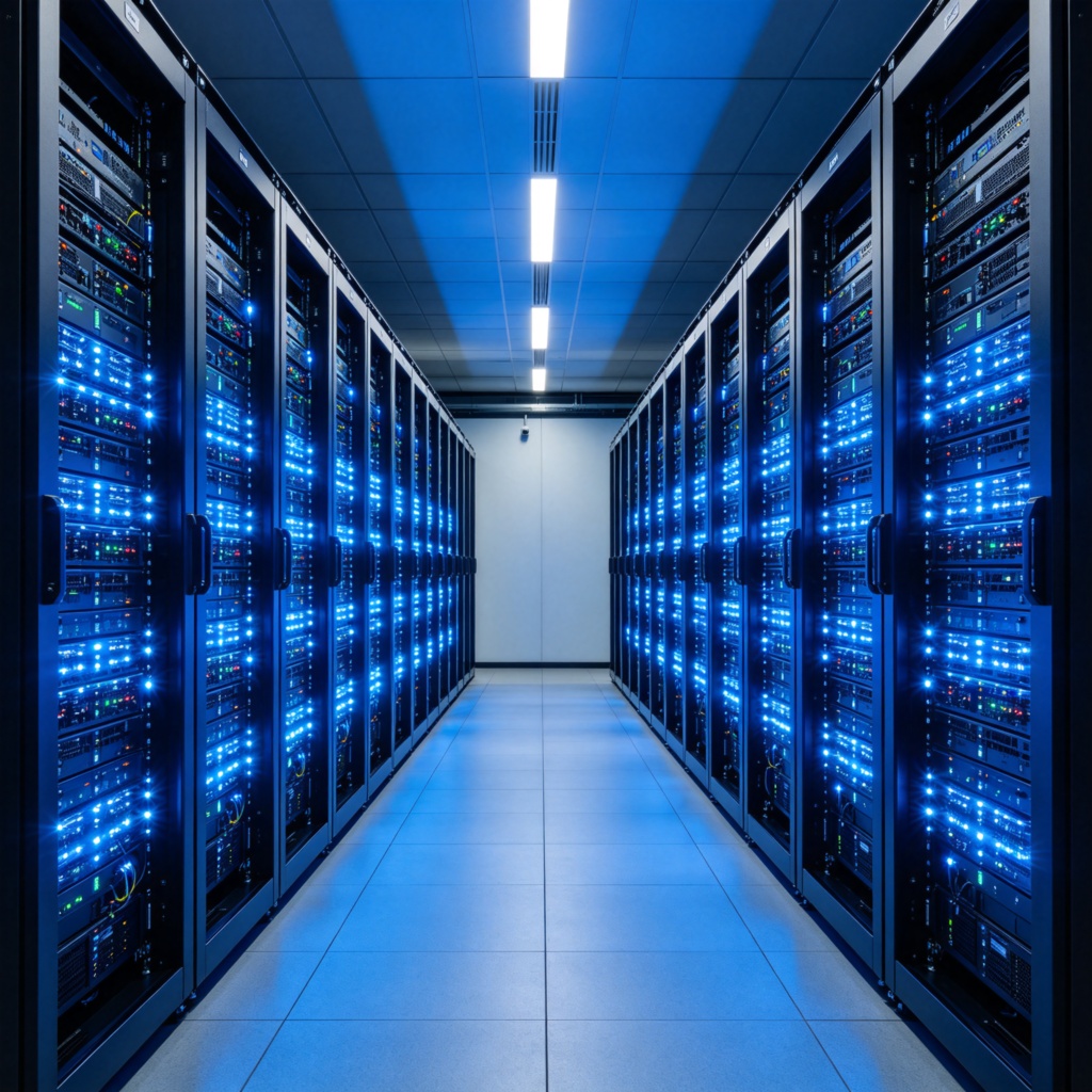 A modern data center server room with rows of server cabinets and blue indicator lights