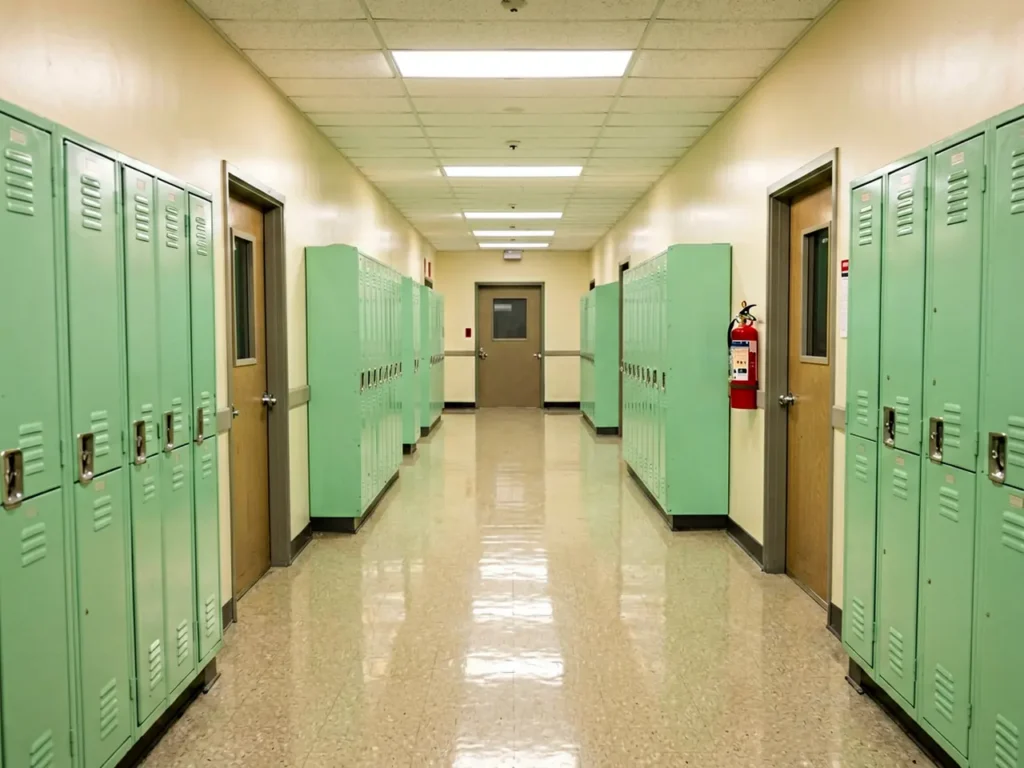 An empty school hallway with fluorescent lighting and closed classroom doors