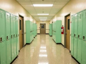 An empty school hallway with fluorescent lighting and closed classroom doors