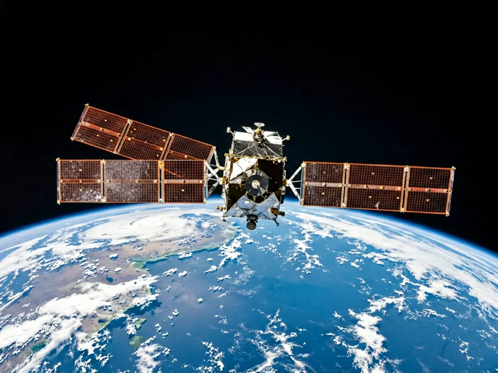 A satellite in orbit above Earth with solar panels extended and blue planet curvature visible