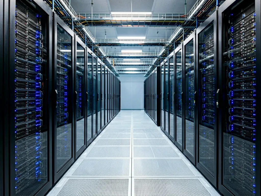 A large data center server room with rows of black server racks and blue indicator lights