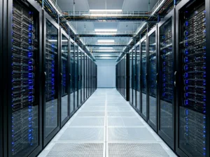A large data center server room with rows of black server racks and blue indicator lights