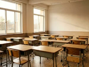 Empty private school classroom with rows of wooden desks