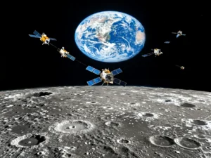 A constellation of small satellites orbiting above the Moon with Earth visible in the distance, documentary space photography