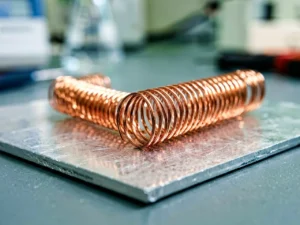A close-up of a metallic copper nanowire on a silicon wafer in a laboratory, shallow depth of field, documentary photography